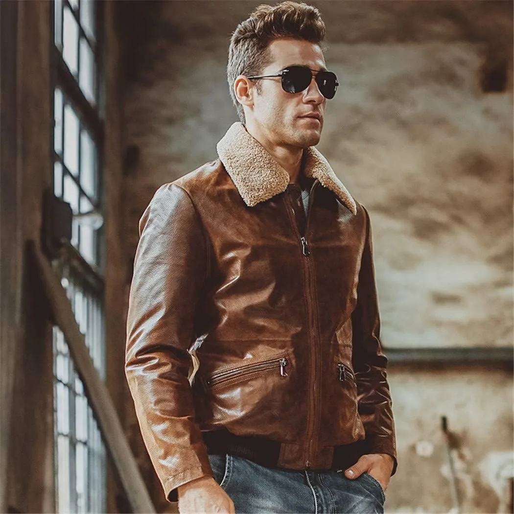 Men's Real Leather Jacket,Pigskin Genuine Leather Motorcycle Jacket,Air Force Flight Jackets Aviator Coat