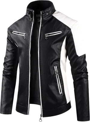Men's Stand Collar PU Motorcycle Jacket Biker Riding Long Sleeve Coat Jackets Faux Zip-Up Slim Armor Leather Outerwear