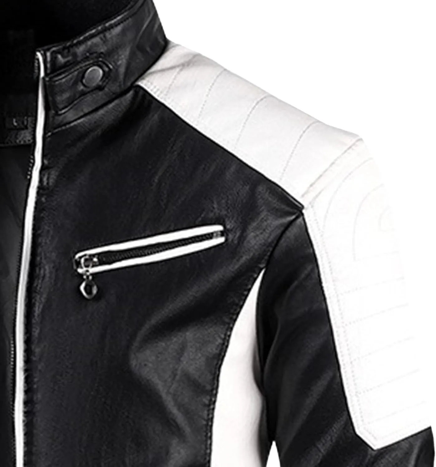 Men's Stand Collar PU Motorcycle Jacket Biker Riding Long Sleeve Coat Jackets Faux Zip-Up Slim Armor Leather Outerwear