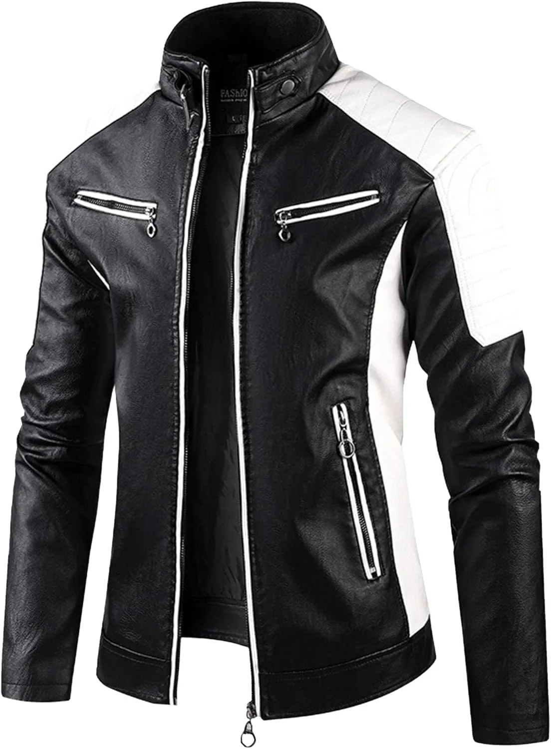 Men's Stand Collar PU Motorcycle Jacket Biker Riding Long Sleeve Coat Jackets Faux Zip-Up Slim Armor Leather Outerwear