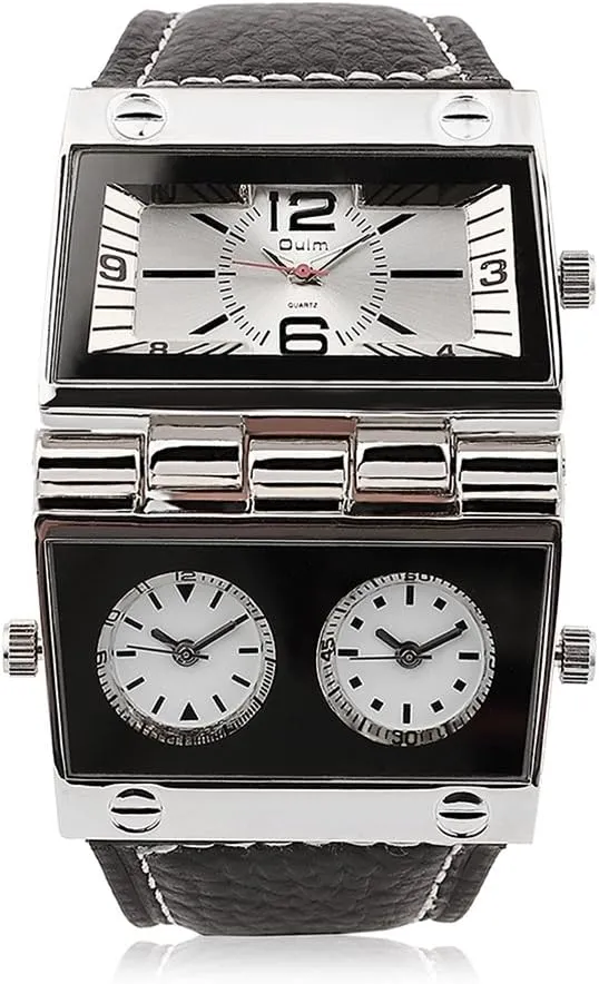 Men's Unique Military Automatic Watches Multi Time Zone Big Face Watches with Square Dial, Genuine Leather Band - White