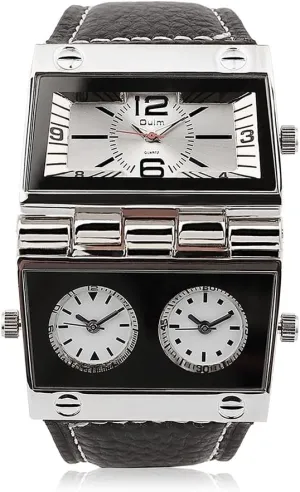 Men's Unique Military Automatic Watches Multi Time Zone Big Face Watches with Square Dial, Genuine Leather Band - White
