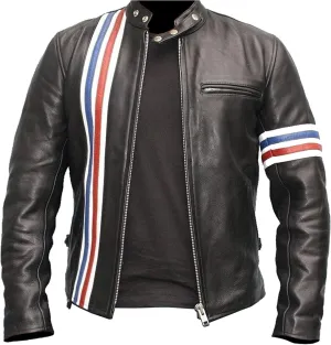 Men’s Vintage Cafe Racer Easy Motorcycle Rider American Star USA Flag Biker Black Leather Jacket