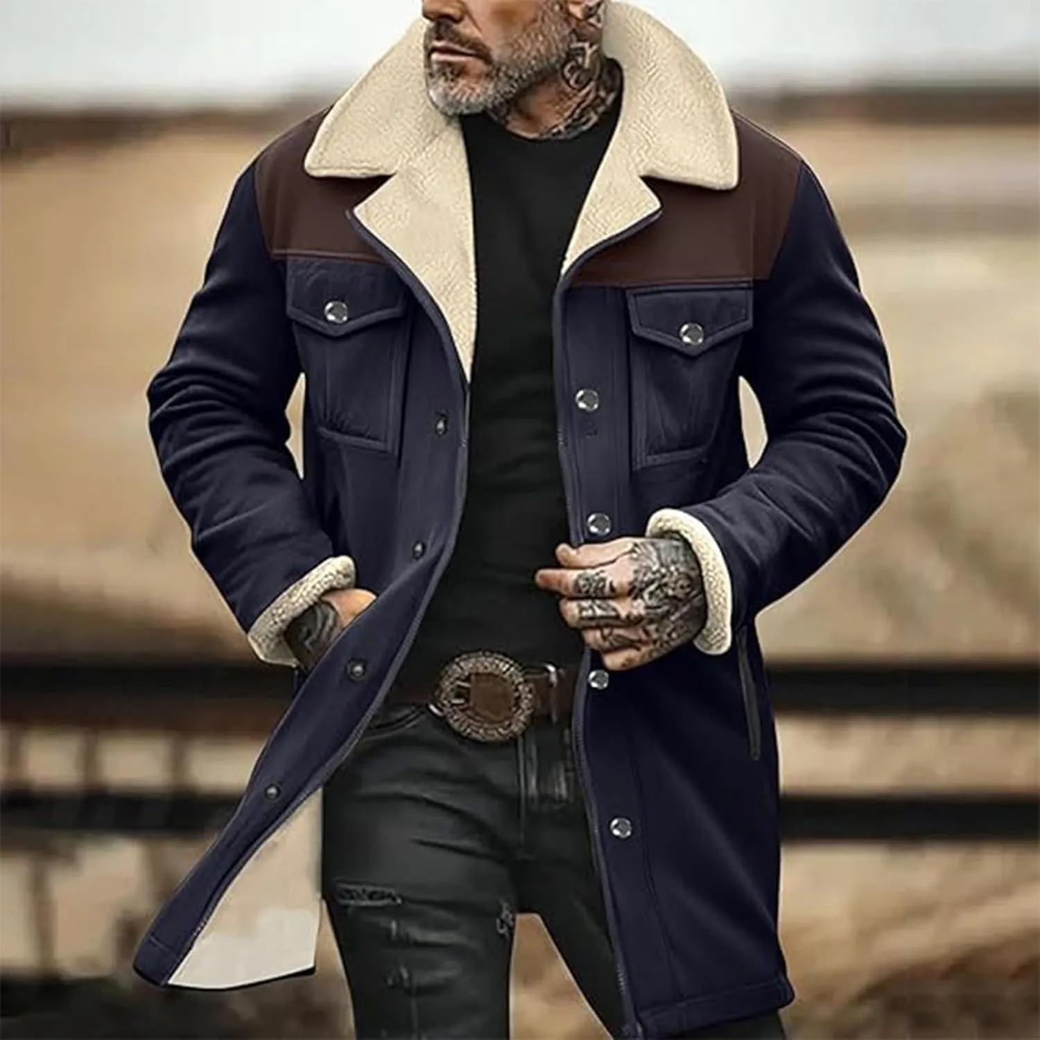 Men's Vintage Suede Jacket Plush Collar Fleece Lined Thicken Faux Leather Jacket Retro Zip Up Motorcycle Padded Coats