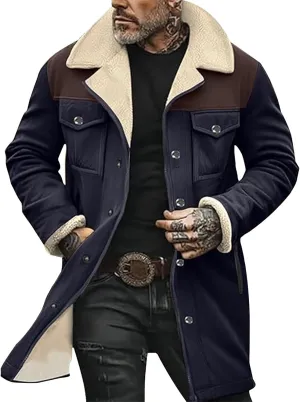 Men's Vintage Suede Jacket Plush Collar Fleece Lined Thicken Faux Leather Jacket Retro Zip Up Motorcycle Padded Coats