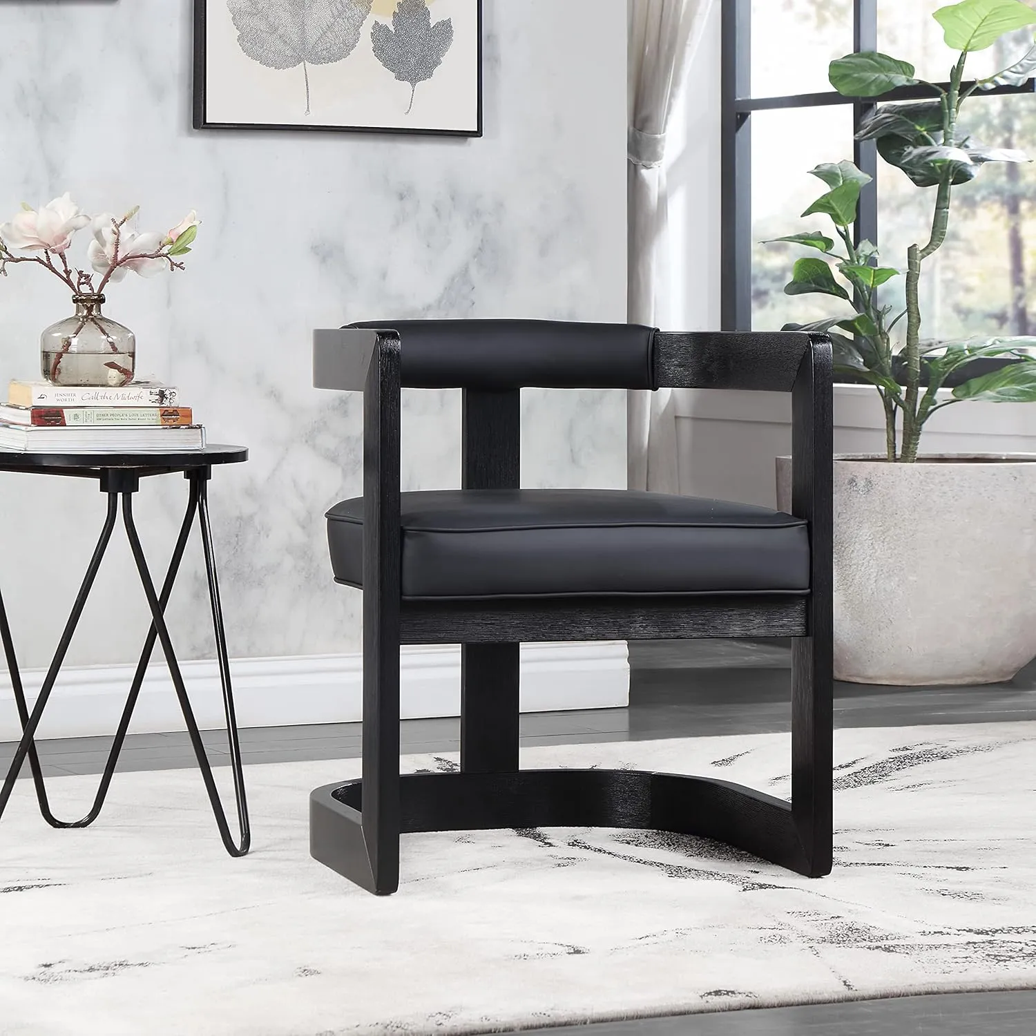 Meridian Furniture 591Black-C Manchester Collection Modern | Contemporary Dining Chair, Solid Wood Brushed Black Finish, Soft Black Vegan Leather, Brushed Chrome Accents, 24" W x 22" D x 28" H, Black