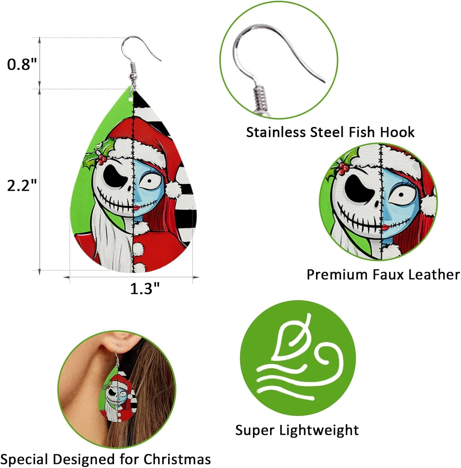 Merry Christmas Faux Leather Earrings Set of 12, Xmas Teardrop Dangle Earrings Bulk Black Green Stripe Fashion Jewelry, Funny 2025 Winter Holiday Accessory for Women Girls