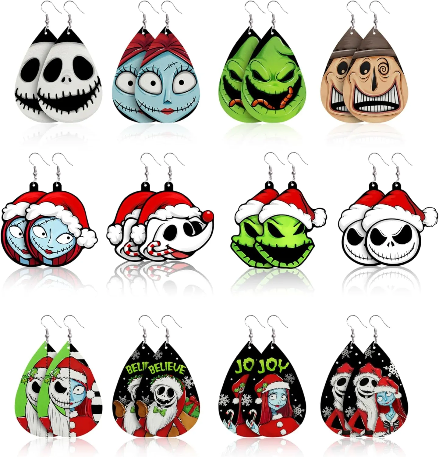 Merry Christmas Faux Leather Earrings Set of 12, Xmas Teardrop Dangle Earrings Bulk Black Green Stripe Fashion Jewelry, Funny 2025 Winter Holiday Accessory for Women Girls