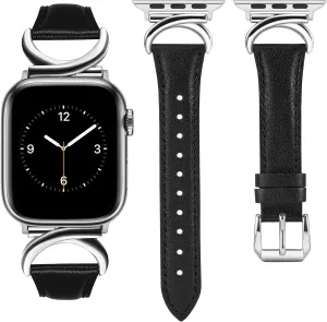 Minyee Leather Bands Compatible with Apple Watch Band 41mm 40mm 38mm 42mm 44mm 45mm 46mm 49mm Women, Slim Thin Dressy Strap with C-Shape Metal Buckle for iWatch Series 10 9 Ultra SE 8 7 6 5 4 3 2 1