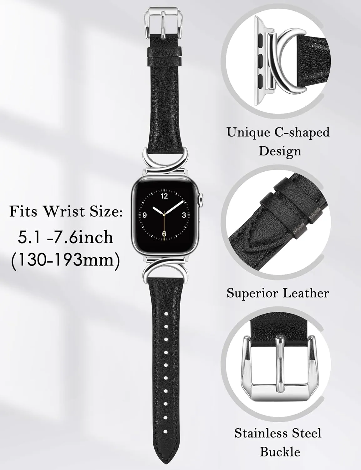Minyee Leather Bands Compatible with Apple Watch Band 41mm 40mm 38mm 42mm 44mm 45mm 46mm 49mm Women, Slim Thin Dressy Strap with C-Shape Metal Buckle for iWatch Series 10 9 Ultra SE 8 7 6 5 4 3 2 1