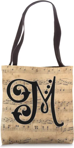 Monogram Initial of Capital Letter M on Vintage Sheet Music Tote Bag