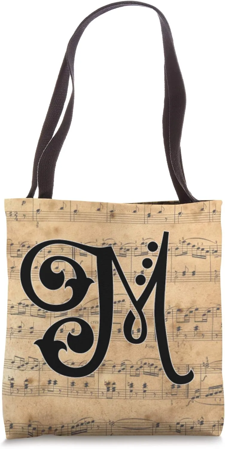 Monogram Initial of Capital Letter M on Vintage Sheet Music Tote Bag