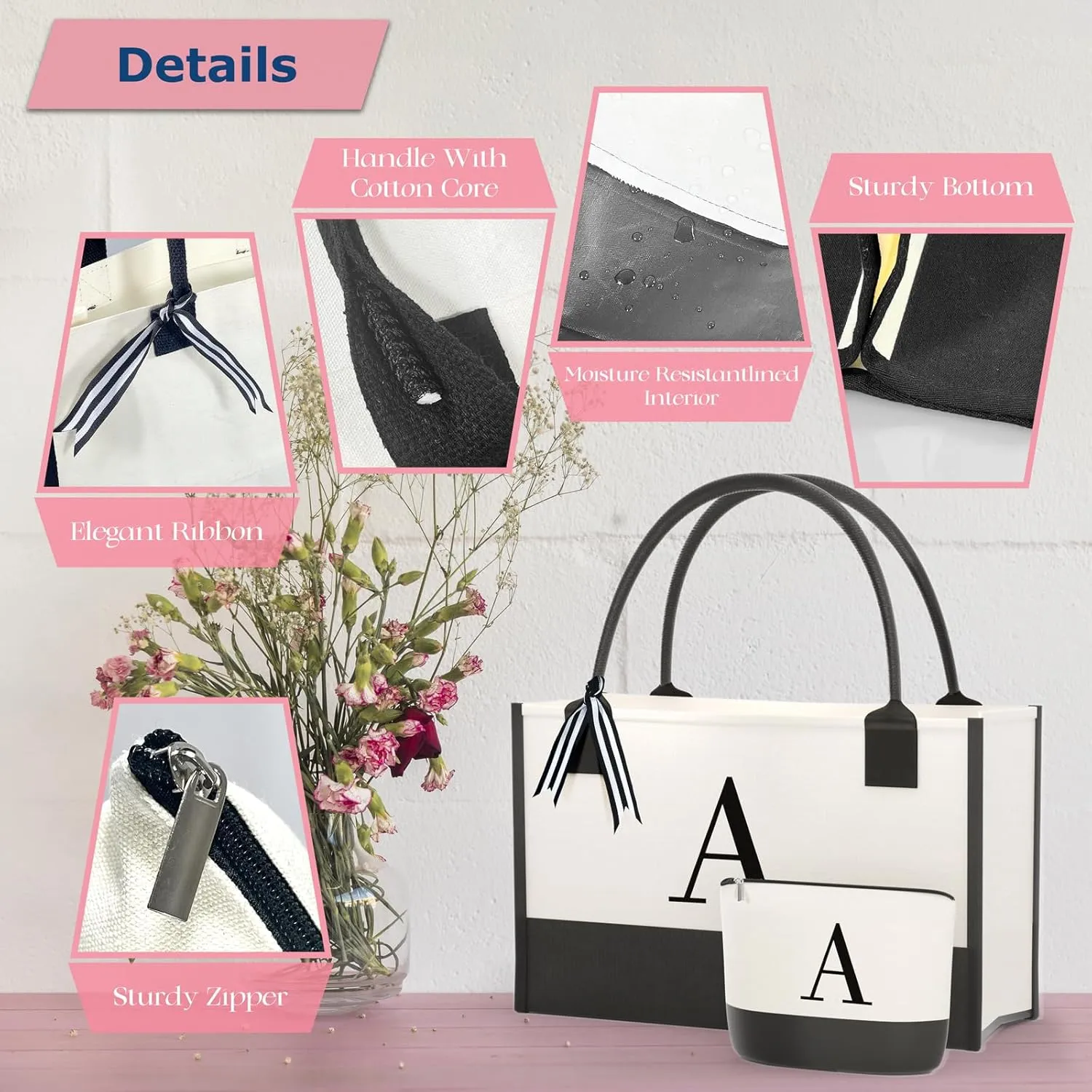 Monogrammed Canvas Tote Bag with Zipper Pockets - Ideal Gift for Mom, Teacher, Sister