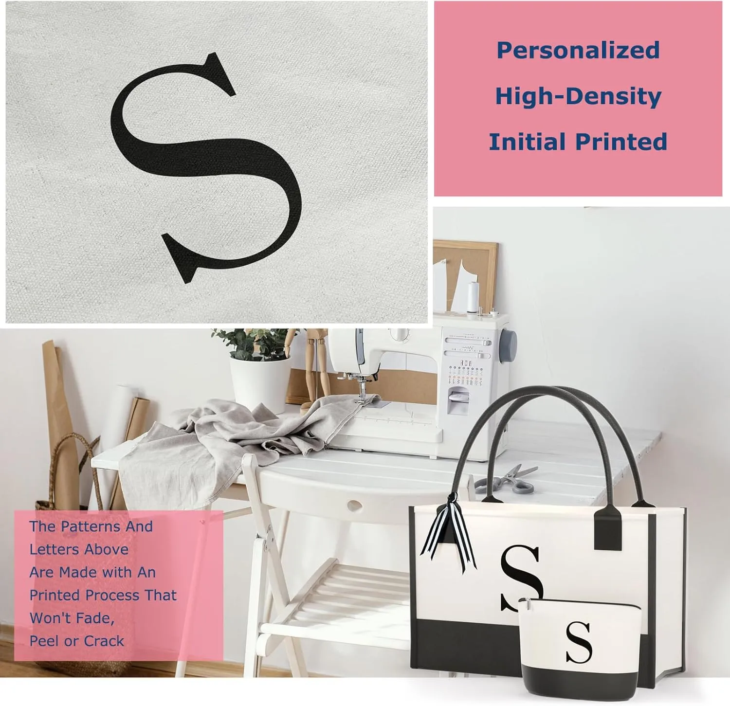 Monogrammed Canvas Tote Bag with Zipper Pockets - Ideal Gift for Mom, Teacher, Sister