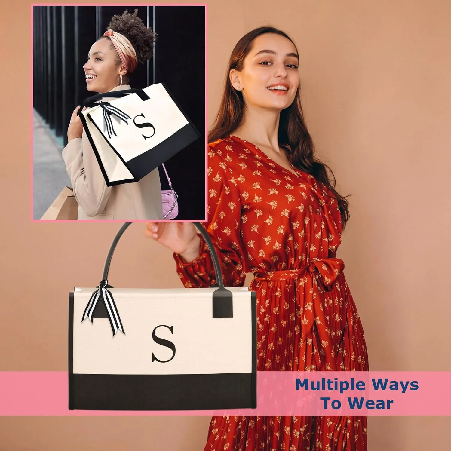 Monogrammed Canvas Tote Bag with Zipper Pockets - Ideal Gift for Mom, Teacher, Sister