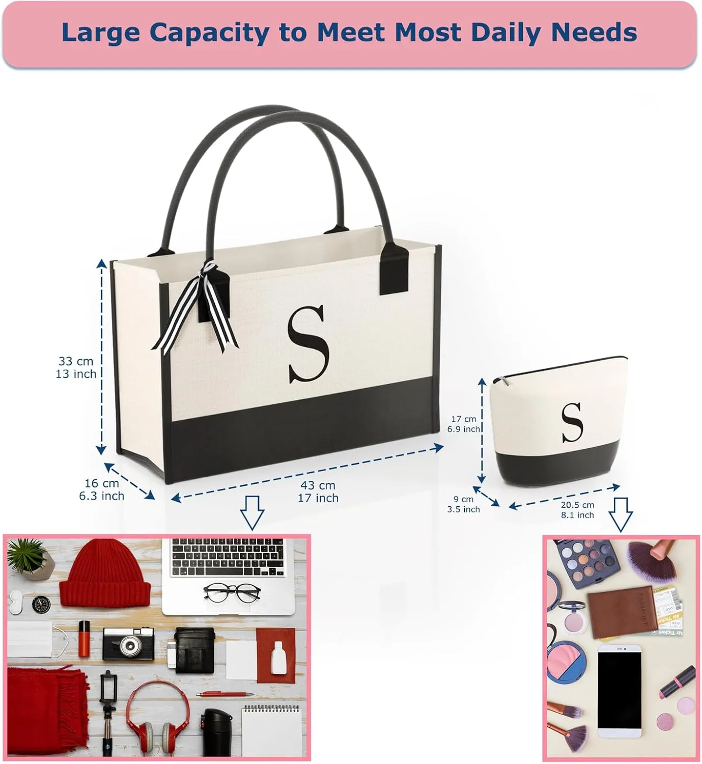 Monogrammed Canvas Tote Bag with Zipper Pockets - Ideal Gift for Mom, Teacher, Sister