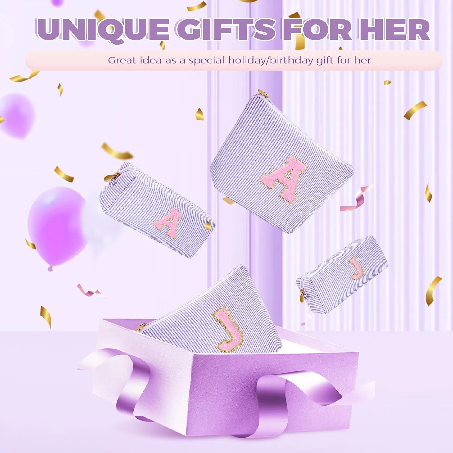 Monogrammed Gifts for Women - Cosmetic Bag for Teen,Initial Cute Makeup Bag Set for Women,Trendy Pouch for Niece Sister Friend Female Her,Birthday Gifts for Daughter - Lavender,L