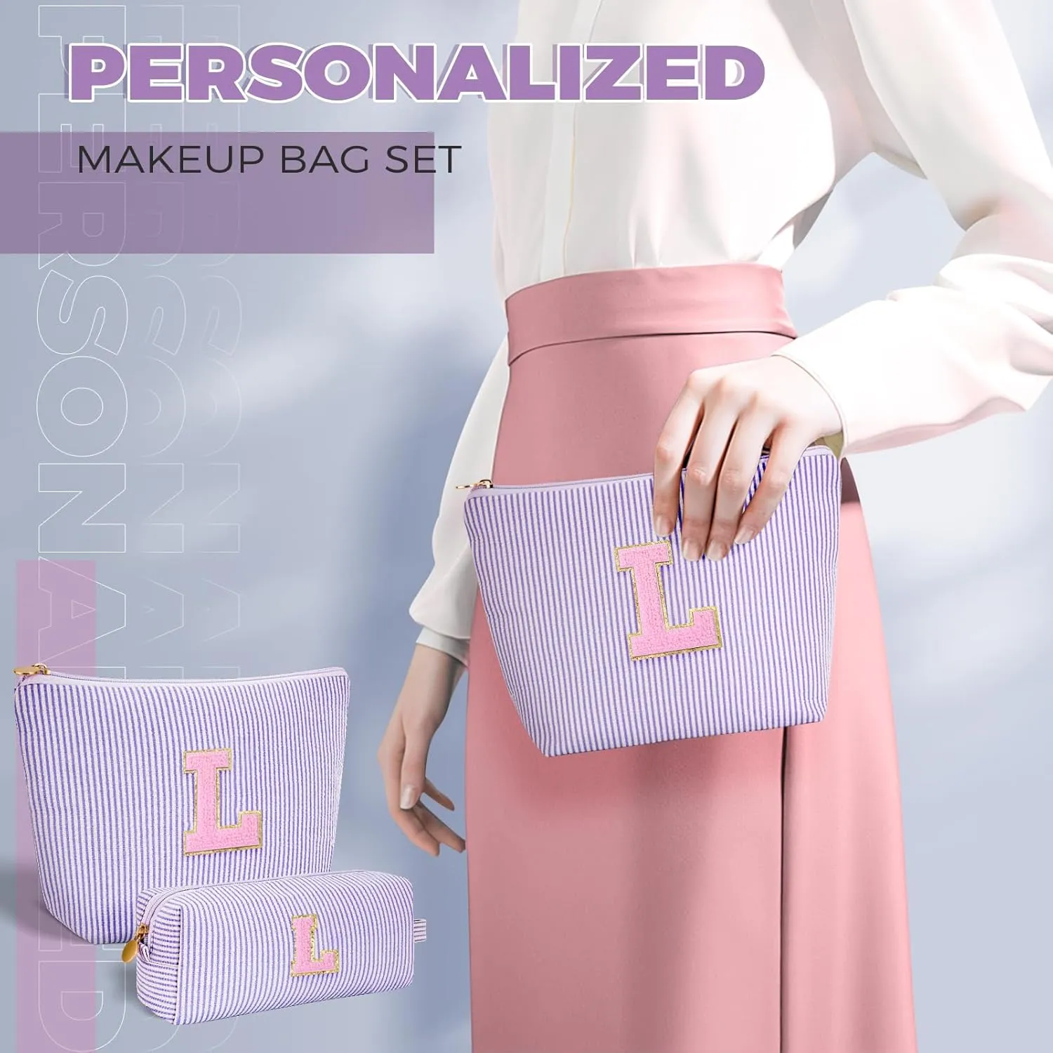 Monogrammed Gifts for Women - Cosmetic Bag for Teen,Initial Cute Makeup Bag Set for Women,Trendy Pouch for Niece Sister Friend Female Her,Birthday Gifts for Daughter - Lavender,L
