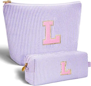 Monogrammed Gifts for Women - Cosmetic Bag for Teen,Initial Cute Makeup Bag Set for Women,Trendy Pouch for Niece Sister Friend Female Her,Birthday Gifts for Daughter - Lavender,L