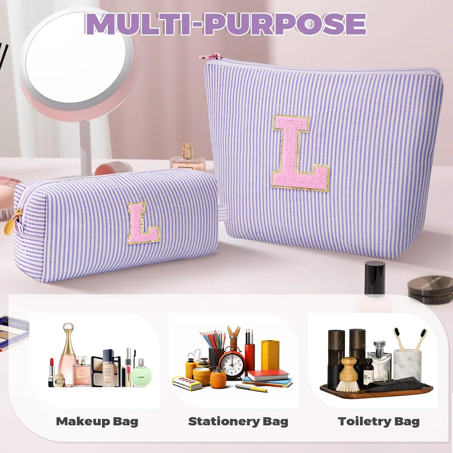 Monogrammed Gifts for Women - Cosmetic Bag for Teen,Initial Cute Makeup Bag Set for Women,Trendy Pouch for Niece Sister Friend Female Her,Birthday Gifts for Daughter - Lavender,L