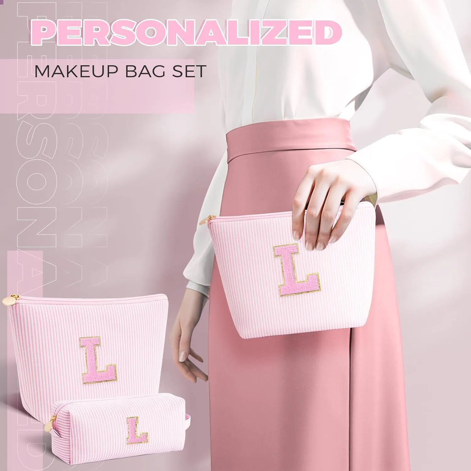 Monogrammed Gifts for Women - Cosmetic Bag for Teen,Initial Cute Makeup Bag Set for Women,Trendy Pouch for Niece Sister Friend Female Her,Birthday Gifts for Daughter - Pink,L
