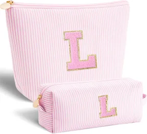 Monogrammed Gifts for Women - Cosmetic Bag for Teen,Initial Cute Makeup Bag Set for Women,Trendy Pouch for Niece Sister Friend Female Her,Birthday Gifts for Daughter - Pink,L
