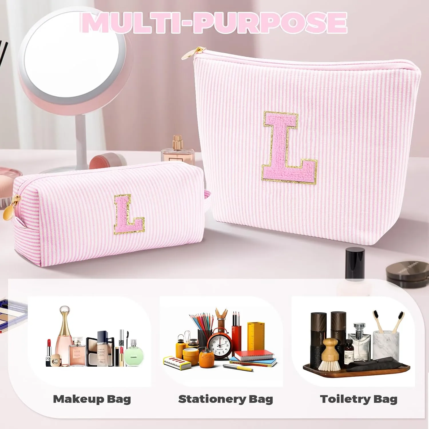 Monogrammed Gifts for Women - Cosmetic Bag for Teen,Initial Cute Makeup Bag Set for Women,Trendy Pouch for Niece Sister Friend Female Her,Birthday Gifts for Daughter - Pink,L