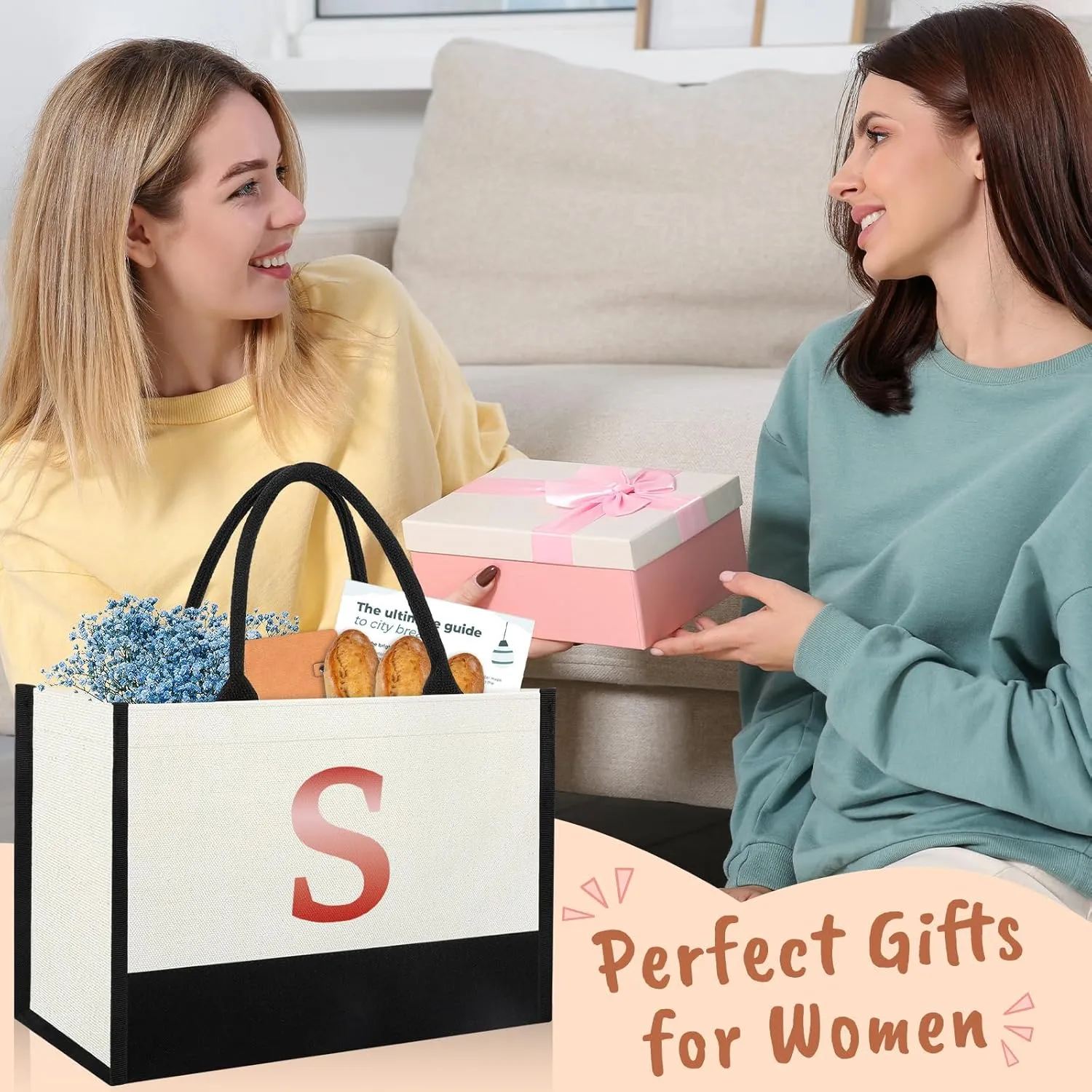 Monogrammed Initial Canvas Tote Bag Gifts for Women Friends Coworker Mother in Law, Gifts for Women Who Have Everything, Beach Work Bag Gift for Birthday, Wedding, Christmas, Anniversary- Letter S
