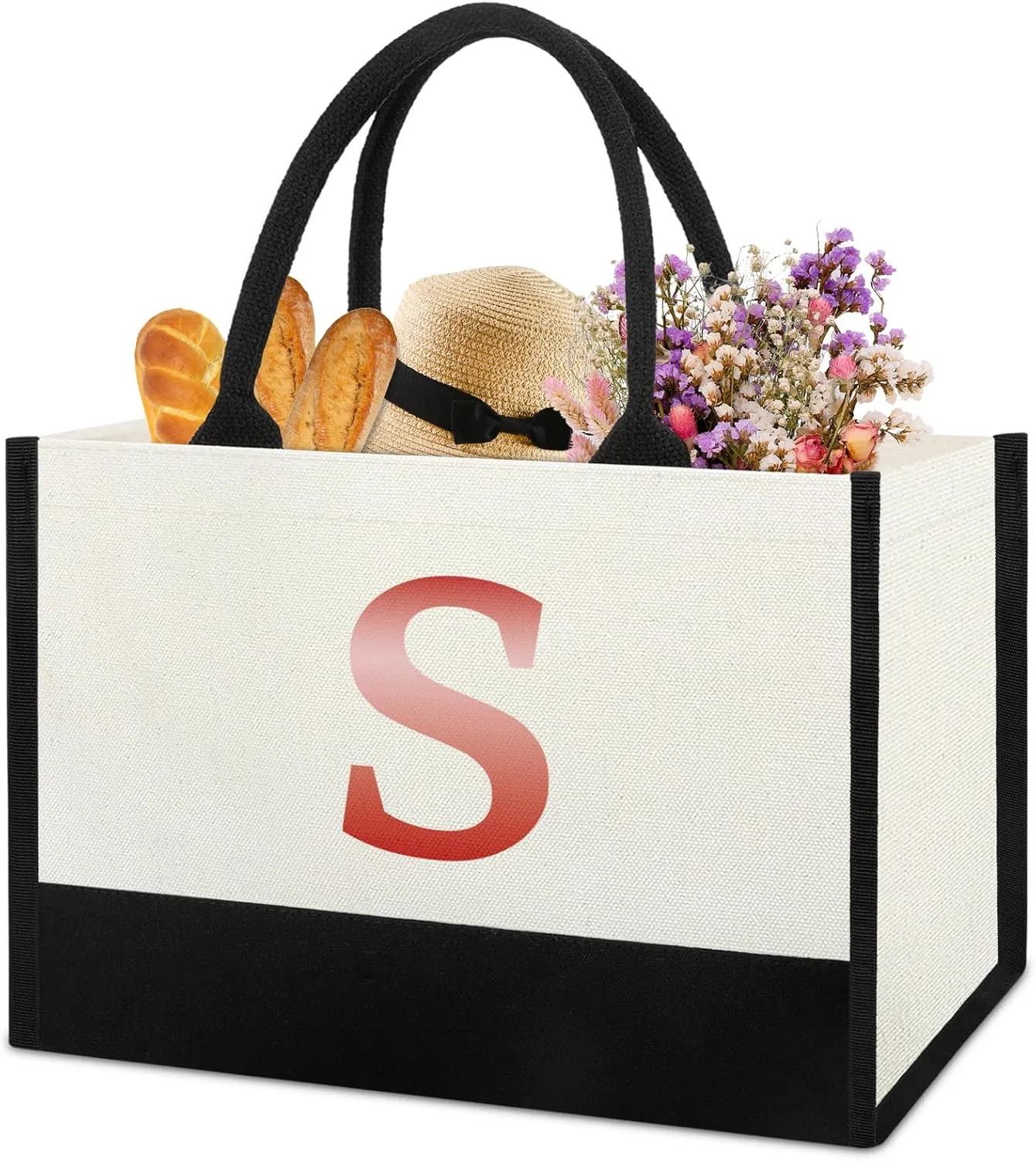 Monogrammed Initial Canvas Tote Bag Gifts for Women Friends Coworker Mother in Law, Gifts for Women Who Have Everything, Beach Work Bag Gift for Birthday, Wedding, Christmas, Anniversary- Letter S
