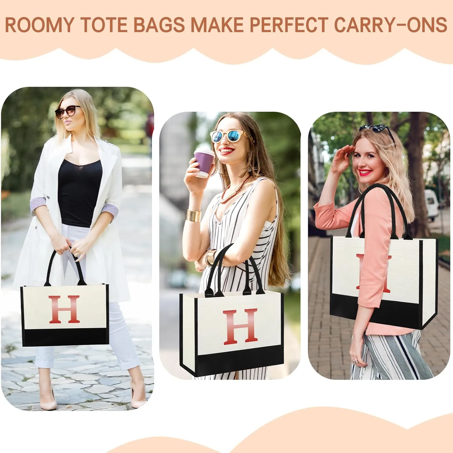 Monogrammed Initial Canvas Tote Bag Gifts for Women, Unique Beach Work Bag Gift for Birthday, Wedding, Christmas, Anniversary, Cool Personalized Gifts for Mom, Teachers, Friends, Bridesmaids- Letter H