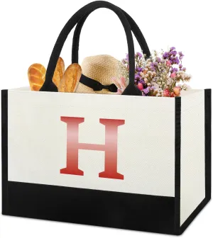 Monogrammed Initial Canvas Tote Bag Gifts for Women, Unique Beach Work Bag Gift for Birthday, Wedding, Christmas, Anniversary, Cool Personalized Gifts for Mom, Teachers, Friends, Bridesmaids- Letter H