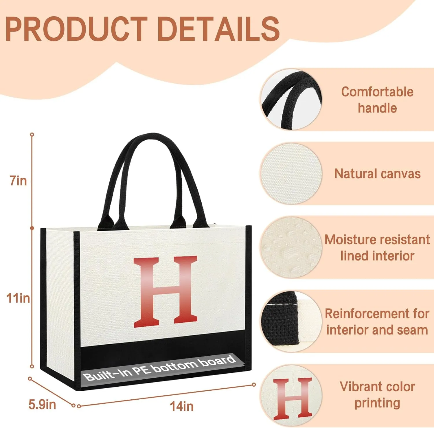 Monogrammed Initial Canvas Tote Bag Gifts for Women, Unique Beach Work Bag Gift for Birthday, Wedding, Christmas, Anniversary, Cool Personalized Gifts for Mom, Teachers, Friends, Bridesmaids- Letter H