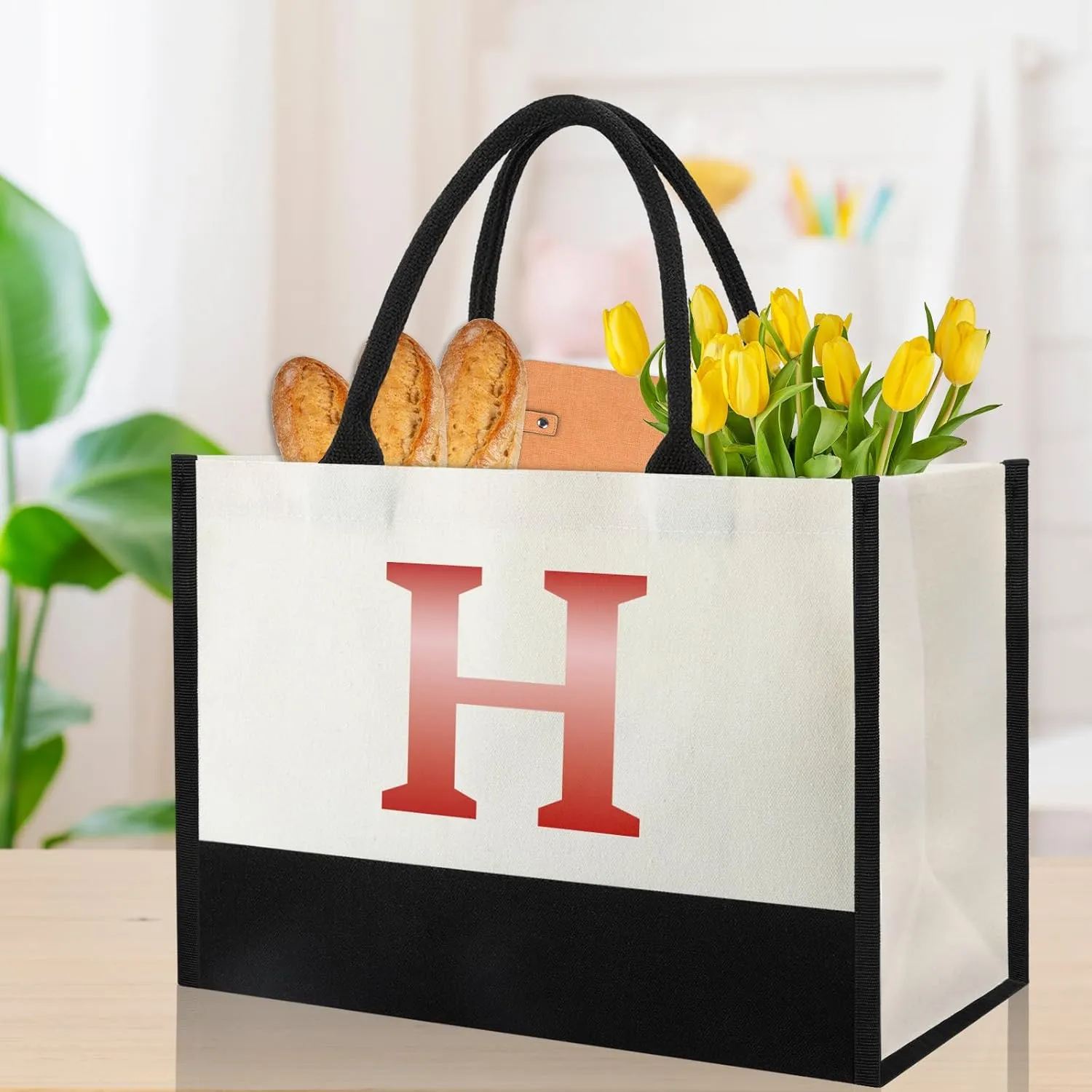 Monogrammed Initial Canvas Tote Bag Gifts for Women, Unique Beach Work Bag Gift for Birthday, Wedding, Christmas, Anniversary, Cool Personalized Gifts for Mom, Teachers, Friends, Bridesmaids- Letter H