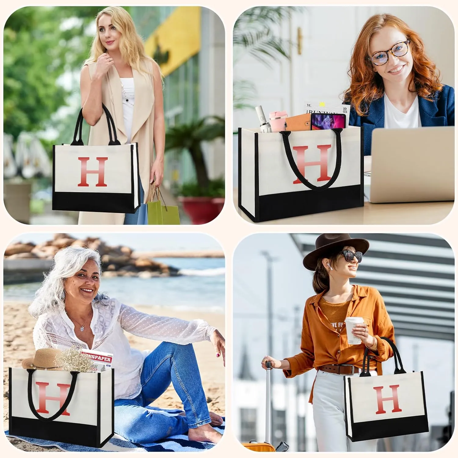 Monogrammed Initial Canvas Tote Bag Gifts for Women, Unique Beach Work Bag Gift for Birthday, Wedding, Christmas, Anniversary, Cool Personalized Gifts for Mom, Teachers, Friends, Bridesmaids- Letter H