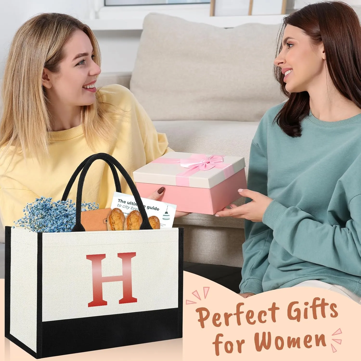 Monogrammed Initial Canvas Tote Bag Gifts for Women, Unique Beach Work Bag Gift for Birthday, Wedding, Christmas, Anniversary, Cool Personalized Gifts for Mom, Teachers, Friends, Bridesmaids- Letter H