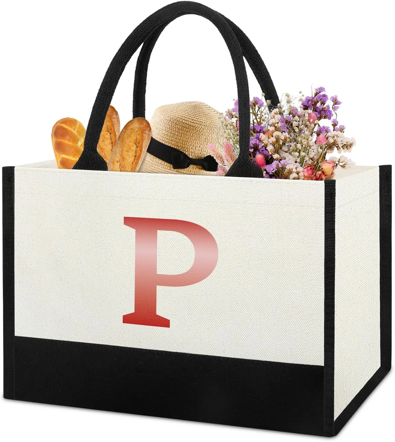 Monogrammed Initial Canvas Tote Bag Gifts for Women, Unique Beach Work Bag Gift for Birthday, Wedding, Christmas, Anniversary, Cool Personalized Gifts for Mom, Teachers, Friends, Bridesmaids- Letter P