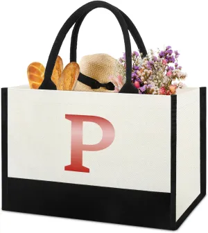 Monogrammed Initial Canvas Tote Bag Gifts for Women, Unique Beach Work Bag Gift for Birthday, Wedding, Christmas, Anniversary, Cool Personalized Gifts for Mom, Teachers, Friends, Bridesmaids- Letter P