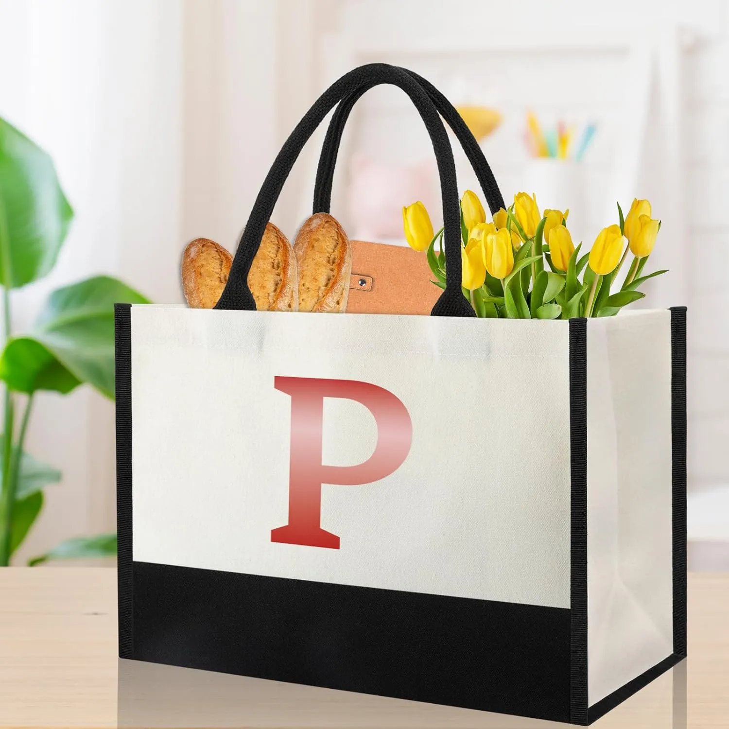 Monogrammed Initial Canvas Tote Bag Gifts for Women, Unique Beach Work Bag Gift for Birthday, Wedding, Christmas, Anniversary, Cool Personalized Gifts for Mom, Teachers, Friends, Bridesmaids- Letter P