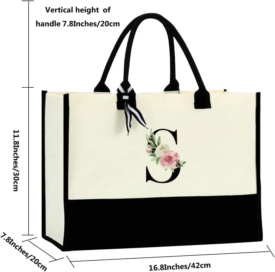 Monogrammed Tote Bags Floral Letter Initial Bag Personalized Beach Bag Monogrammed Gifts for Women Bridesmaids Wedding