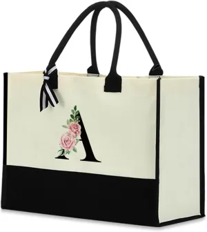 Monogrammed Tote Bags Floral Letter Initial Bag Personalized Beach Bag Monogrammed Gifts for Women Bridesmaids Wedding
