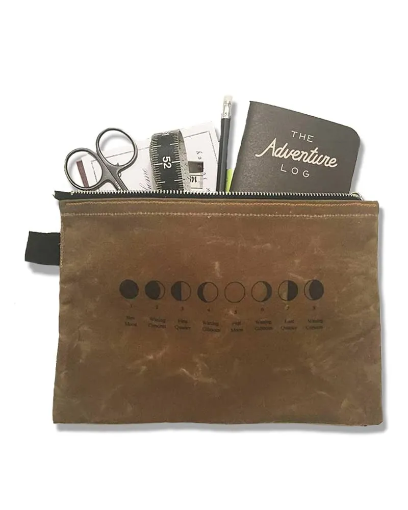 Moon Phases Zipper Pouch - Waxed Canvas Cosmetics Bag British Antique/Moon phases graphic