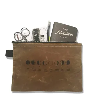 Moon Phases Zipper Pouch - Waxed Canvas Cosmetics Bag Slate Grey/Moon phases graphic
