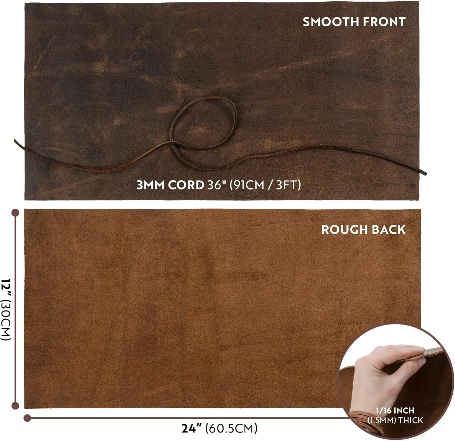 Moonster Genuine Leather Sheets for Crafts, Tooling Leather Sheet 12"x24" – Full Grain Buffalo Leather Fabric, Leather Crafting Kit, Veg Tan Leather for Leather Craft with 36" Cord – Soft Brown