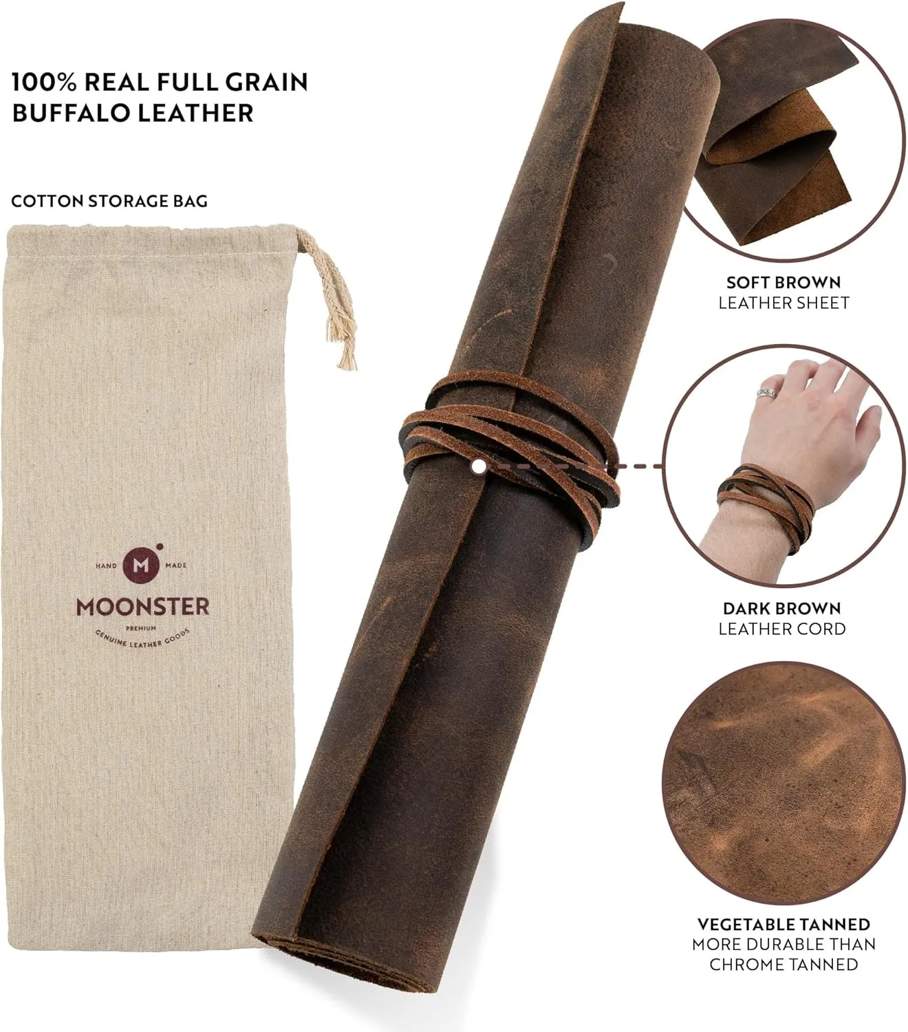 Moonster Genuine Leather Sheets for Crafts, Tooling Leather Sheet 12"x24" – Full Grain Buffalo Leather Fabric, Leather Crafting Kit, Veg Tan Leather for Leather Craft with 36" Cord – Soft Brown