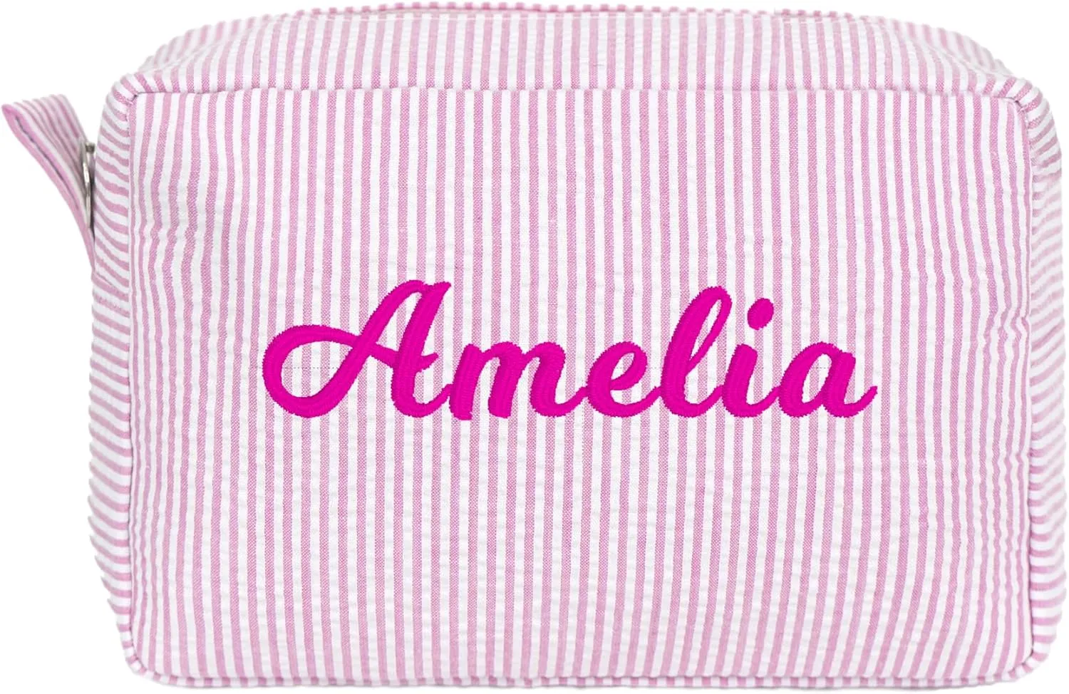 MT WORLD Personalized Seersucker Toiletry Bag Monogrammed Cosmetic Bag Cotton Seersucker Pouch Large Capacity Women Travel Toiletry Case for Travel Wedding Bridesmaid Graduation Gifts (Pink)
