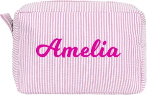 MT WORLD Personalized Seersucker Toiletry Bag Monogrammed Cosmetic Bag Cotton Seersucker Pouch Large Capacity Women Travel Toiletry Case for Travel Wedding Bridesmaid Graduation Gifts (Pink)