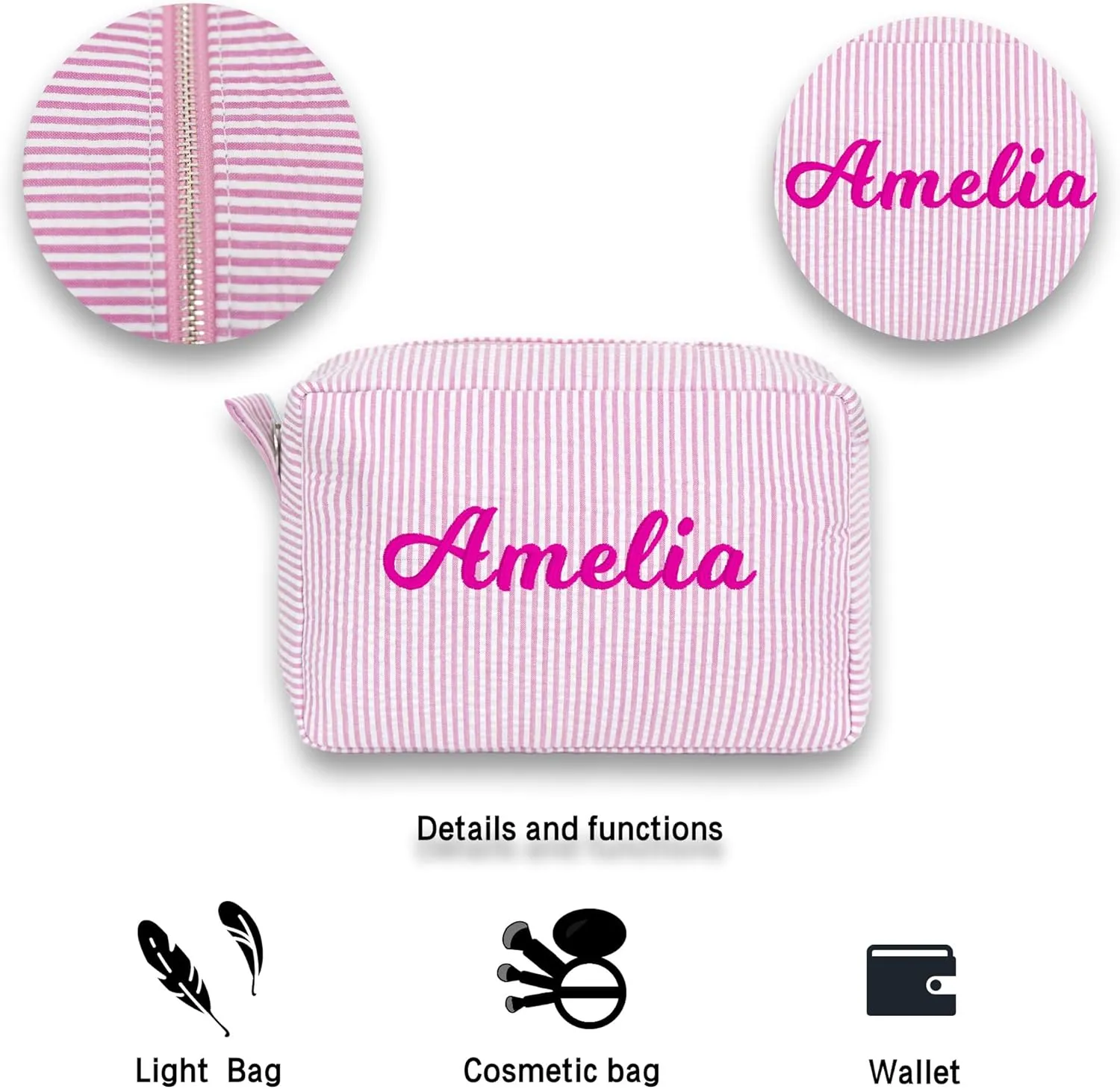 MT WORLD Personalized Seersucker Toiletry Bag Monogrammed Cosmetic Bag Cotton Seersucker Pouch Large Capacity Women Travel Toiletry Case for Travel Wedding Bridesmaid Graduation Gifts (Pink)