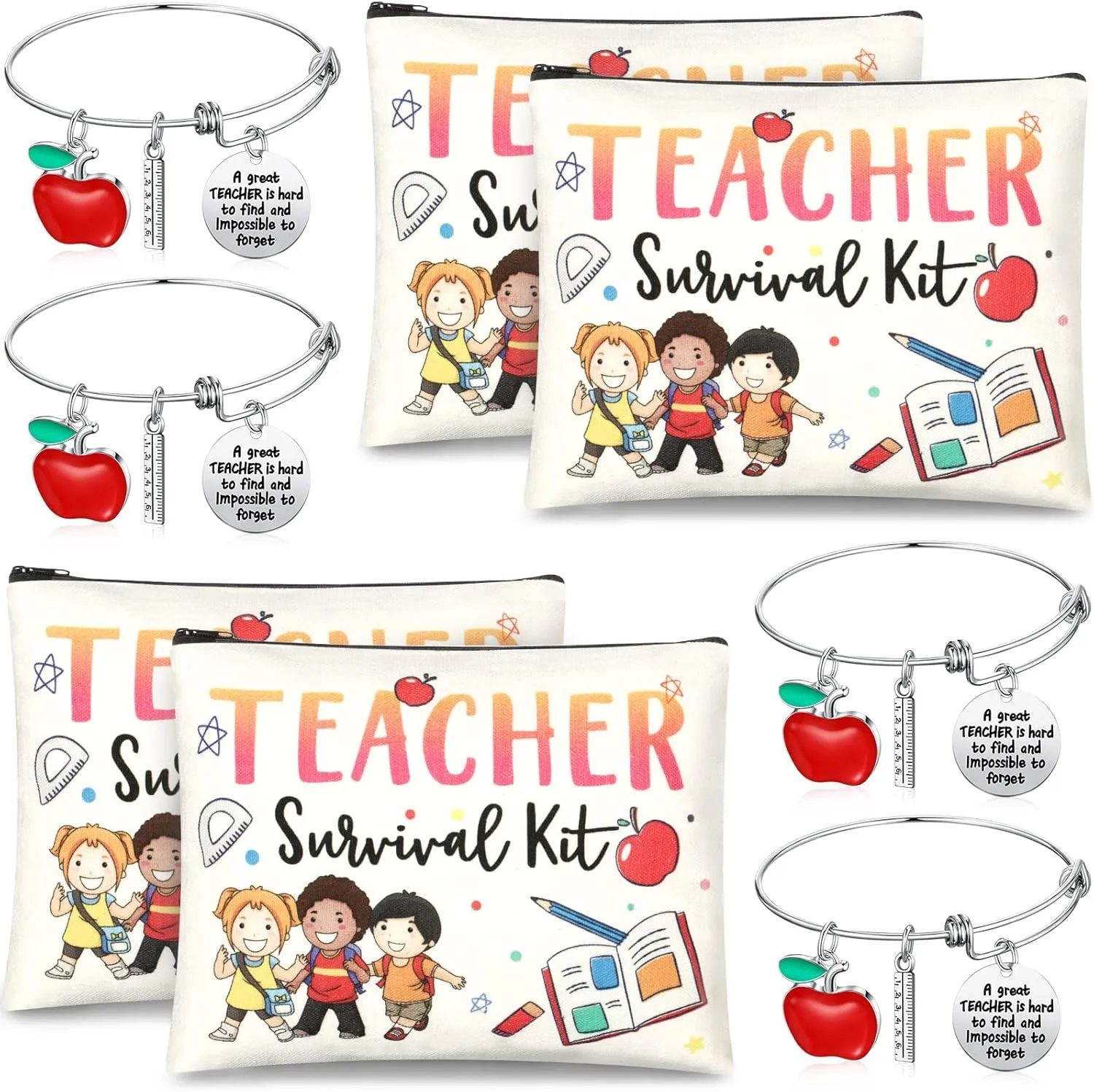 MTLEE 8 Pcs Teacher Appreciation Gift Set for Women, 4 Makeup Pouch Cosmetic Bags and 4 Bangle Bracelets, Christmas Valentines Thank You Gifts for Teacher(Cute Style)