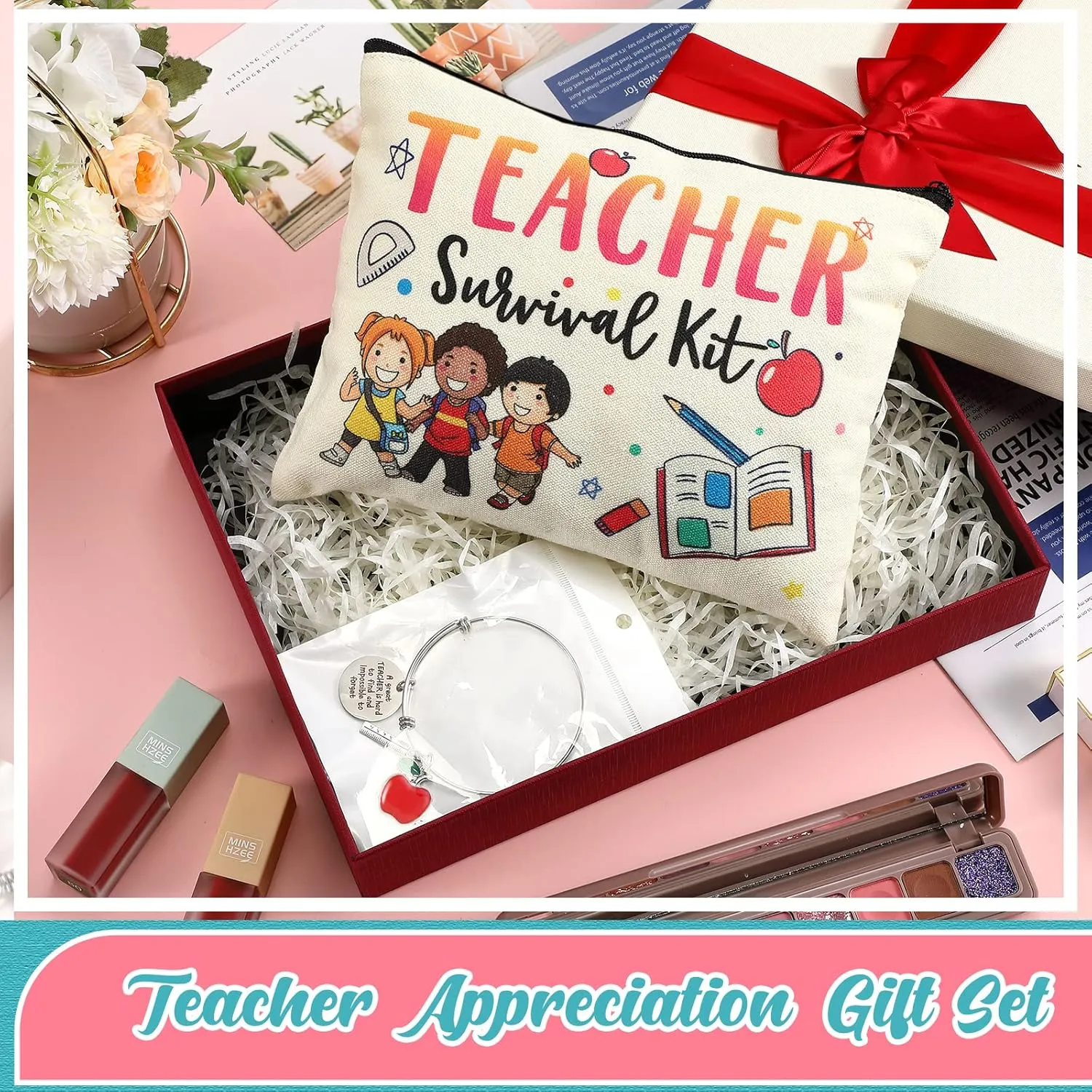 MTLEE 8 Pcs Teacher Appreciation Gift Set for Women, 4 Makeup Pouch Cosmetic Bags and 4 Bangle Bracelets, Christmas Valentines Thank You Gifts for Teacher(Cute Style)
