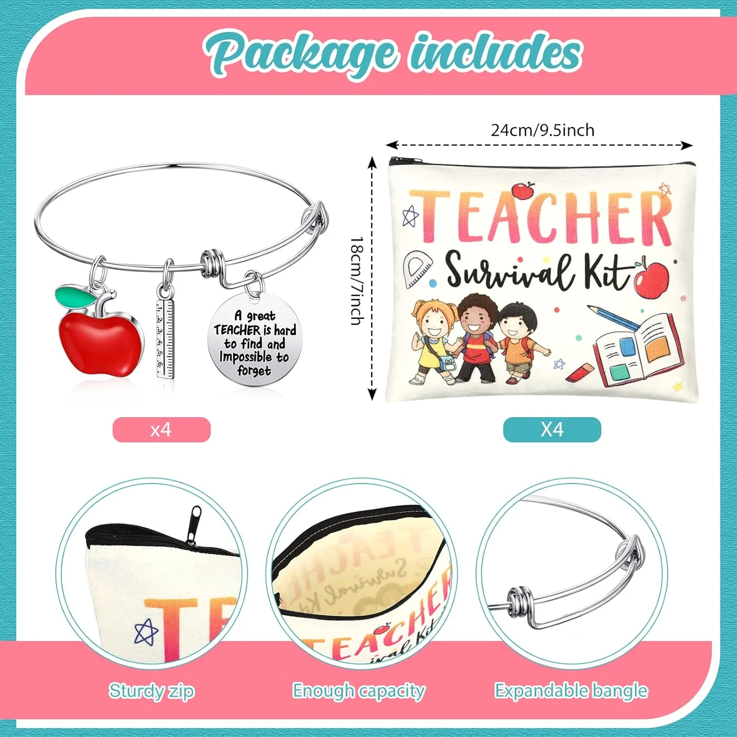 MTLEE 8 Pcs Teacher Appreciation Gift Set for Women, 4 Makeup Pouch Cosmetic Bags and 4 Bangle Bracelets, Christmas Valentines Thank You Gifts for Teacher(Cute Style)